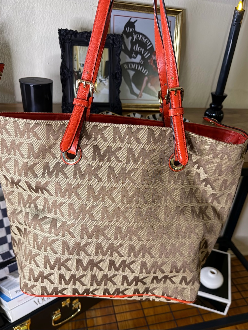Michael Kors Signature MK Logo Tote Bag Tan & Orange
